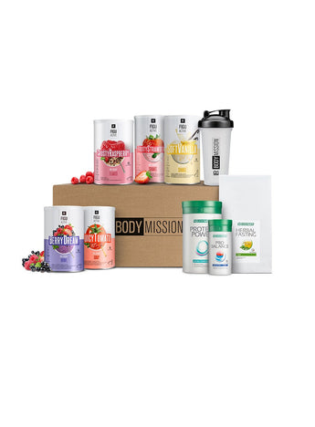 Auswahl an LR FIGUACTIVE Mahlzeitenersatz-Produkten wie vegane Shakes, Suppen und Flakes für gesundes Abnehmen und Gewichtsmanagement.