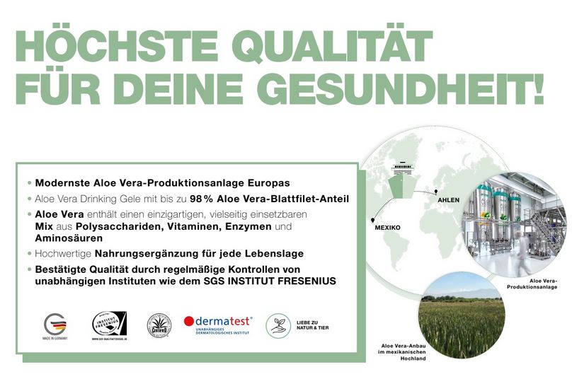 LR Aloe Vera Drinking Gel Qualität – modernste Produktionsanlage in Deutschland, bis zu 98% Aloe Vera Blattfilet, SGS Institut Fresenius geprüft