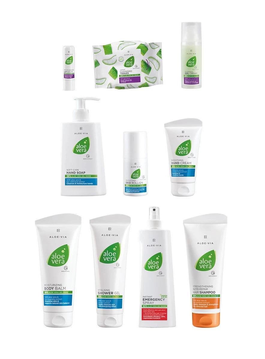 LR Aloe Vera Care Family Set – 10 Aloe Vera Pflegeprodukte für Familie, inklusive Spray, Handcreme, Shower Gel, Body Balm & Co.