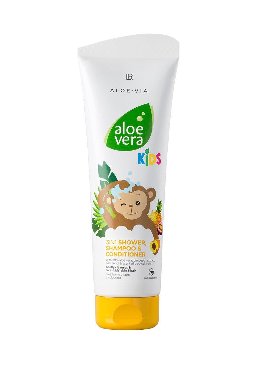 LR Aloe Vera Kids 3in1 Duschgel, Shampoo und Spülung – sulfatfreie Kinderpflege mit 30 % Aloe Vera, Panthenol und Bio-Pfirsich-Extrakt, tropischer Duft