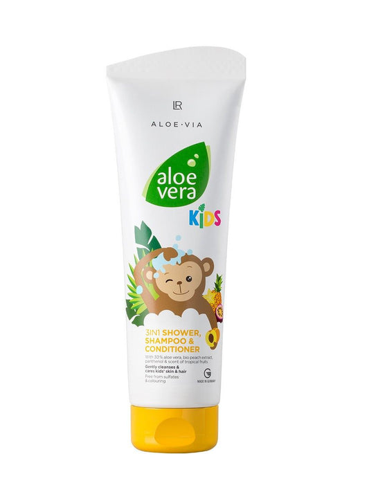 LR Aloe Vera Kids 3in1 Duschgel, Shampoo und Spülung – sulfatfreie Kinderpflege mit 30 % Aloe Vera, Panthenol und Bio-Pfirsich-Extrakt, tropischer Duft